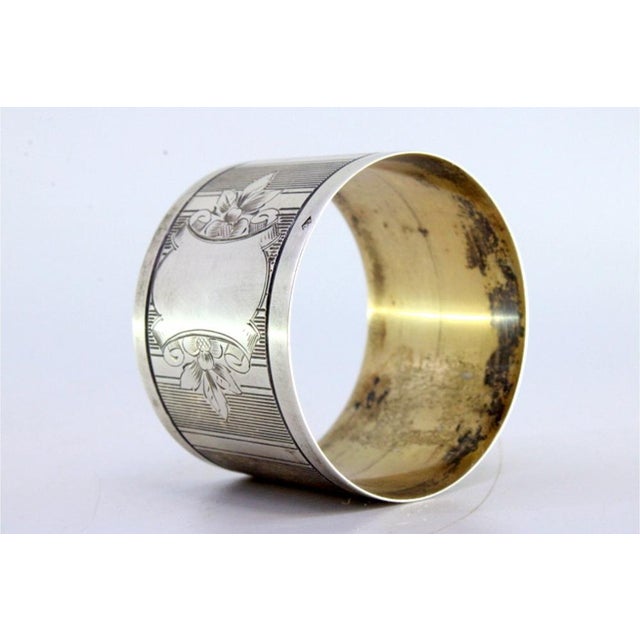 Metal Silver Napkin Ring with Top Guilloche Bands and Floral Motifs Surrounding Monogram Card For Sale - Image 7 of 7
