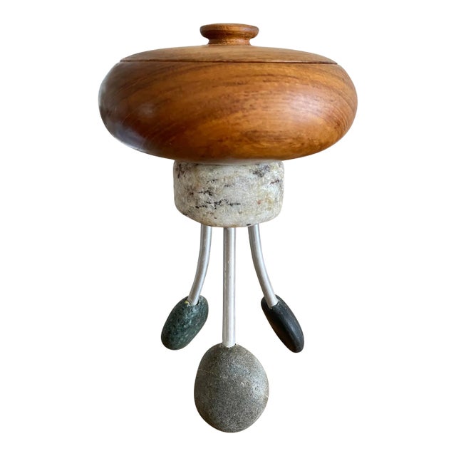 Postmodern Memphis-Inspired Granite Stand & Artisan Teak Lidded Box For Sale