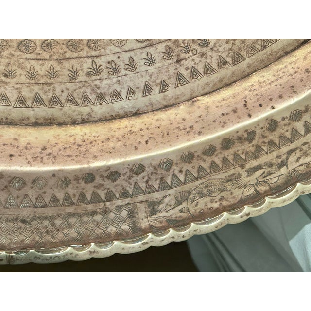 Early to Mid 20th Century Round Rattan and Wicker Table With Moroccan Etched Brass Tray Top For Sale - Image 10 of 12