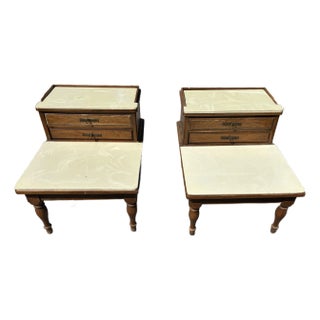 Midcentury Marble Top Step-Back End Tables, Set of Two For Sale