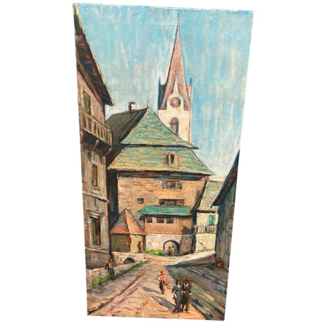Traditional 1960s Painting – European Village Street Scene With Church Steeple For Sale - Image 3 of 12