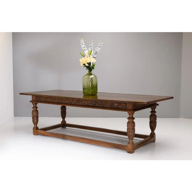 Large oak refectory table with carved base. Fantastic condition, the table has been completely restored.