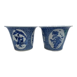 Blue and White Chinese Porcelain Cachepots a Pair For Sale