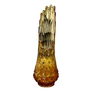 Stunning Vintage Amber Glass Le Smith Diamond Butt Swung Vase MCM Gorgeous Mouth For Sale