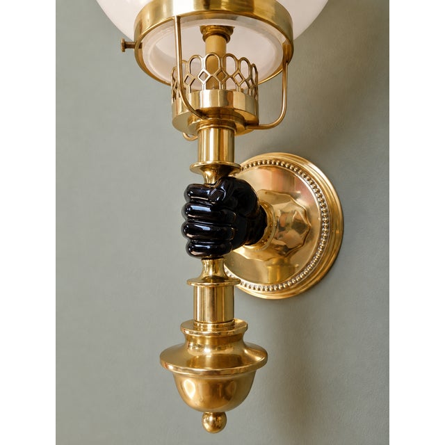 Gold Hollywood Regency Brass Wall Sconces with White Opaline Glass Globes, 1970s, Set of 2 For Sale - Image 8 of 13