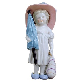 Antique Porcelain Girl with Hat, Bag, and Umbrella Figure by G. Richardi, 1870s For Sale
