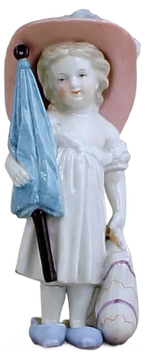 Antique Porcelain Girl with Hat, Bag, and Umbrella Figure by G. Richardi, 1870s