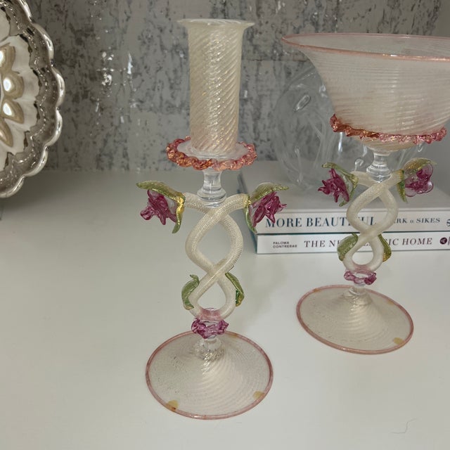 Early 20th Century Antique 1920-30s Venetian Murano Glass Garniture Set With Tazza and Candleholders- Set of 3 For Sale - Image 5 of 8