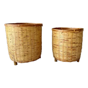 Mid 20th-Century Footed Rattan & Bamboo Nested Floor Basket Planters - A Pair