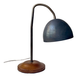 Vintage Scandinavian Industrial Table Lamp in Oak & Grey Steel, 1950s For Sale