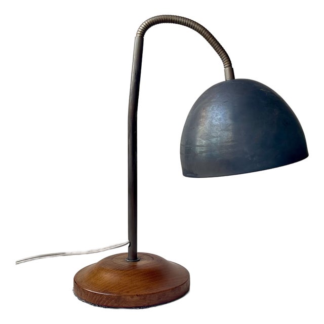 Vintage Scandinavian Industrial Table Lamp in Oak & Grey Steel, 1950s For Sale