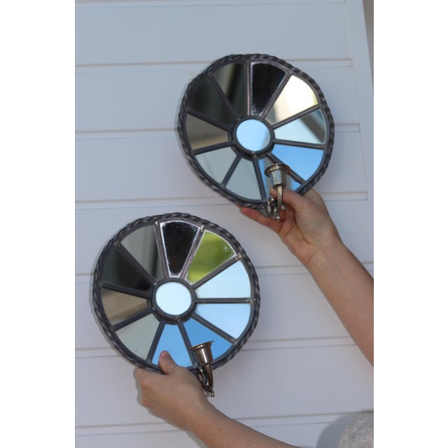 Metal Vintage Sun Mirror Sconces in Pewter by Klöva Hallar, Set of 2 For Sale - Image 7 of 8