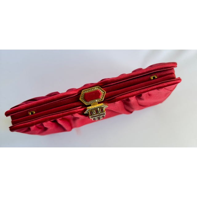 90s Judith Leiber Red Satin Evening handBag Crystal Shoulder Day Vintage Clutch For Sale - Image 16 of 17