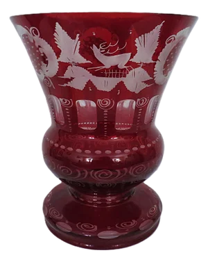 Large Bohemian Ruby Red Vase Cut to Clear Glass W/ Deer Buck