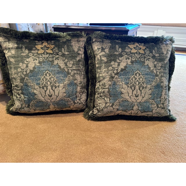 18 x 18 velvet custom abstract print pillows Zippered cover Inserts included Forest Green and Blue Custom made Never Used