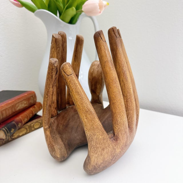 Rare Vintage Hand Carved Wooden Hands Bowl / Art Sculpture / Primitive Wood Centerpiece For Sale In Los Angeles - Image 6 of 8
