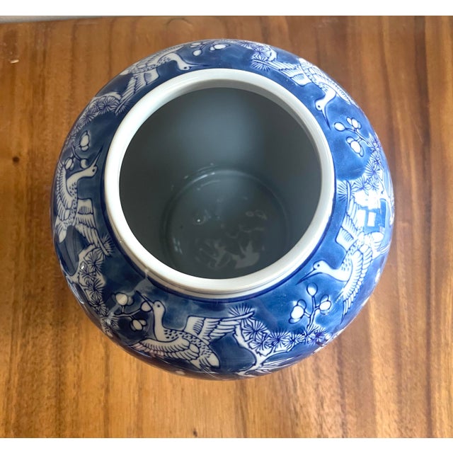 Classic Chinoiserie Blue and White Ceramic Ginger Jar With Handpainted Phoenix Birds Design For Sale - Image 4 of 8