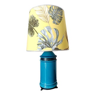 Blue Ceramic Lamp with Claw Feet and Foliage Lampshade, 1960s For Sale