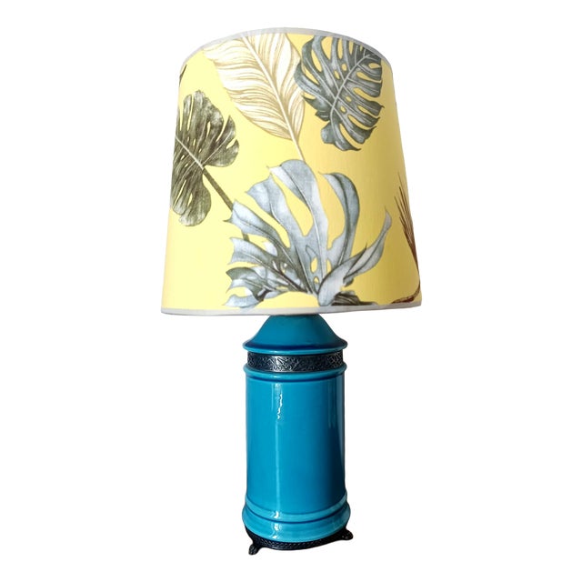Blue Ceramic Lamp with Claw Feet and Foliage Lampshade, 1960s For Sale