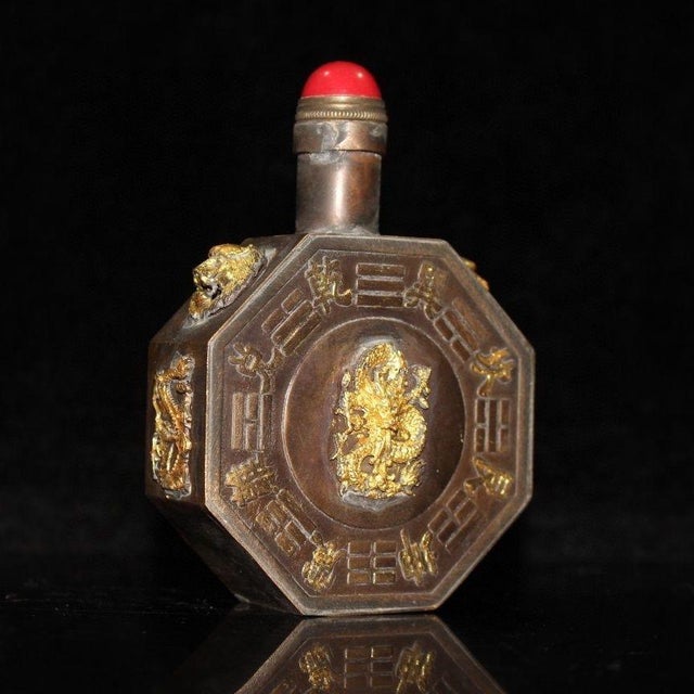 Vintage Chinese Bronze Octagonal Snuff Bottle With Bagua & Gilt Deity For Sale - Image 4 of 9