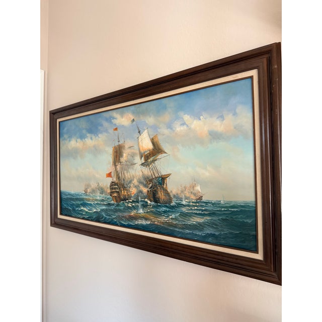 1950s J. Harvey Naval Battle Maritime Oil on Canvas Painting For Sale In Phoenix - Image 6 of 12