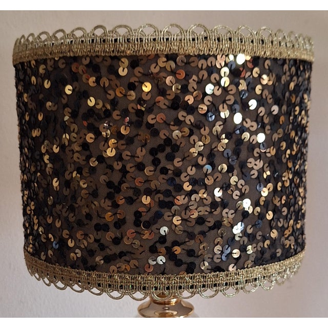Gold Vintage Table Lamp with Twisted Crystal Glass Base in Brass Mounting and Sequined Shade from Lamplove, 1980s For Sale - Image 8 of 10