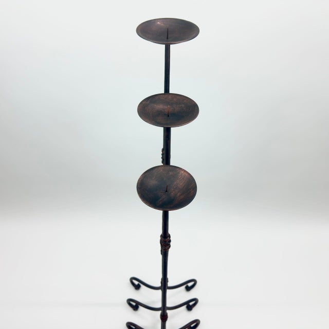 2020s Hand Forged Iron Candelabra Set of 3 (90-110cm) Antique Copper Finish Slender Stem with French Scroll Base For Sale - Image 5 of 7