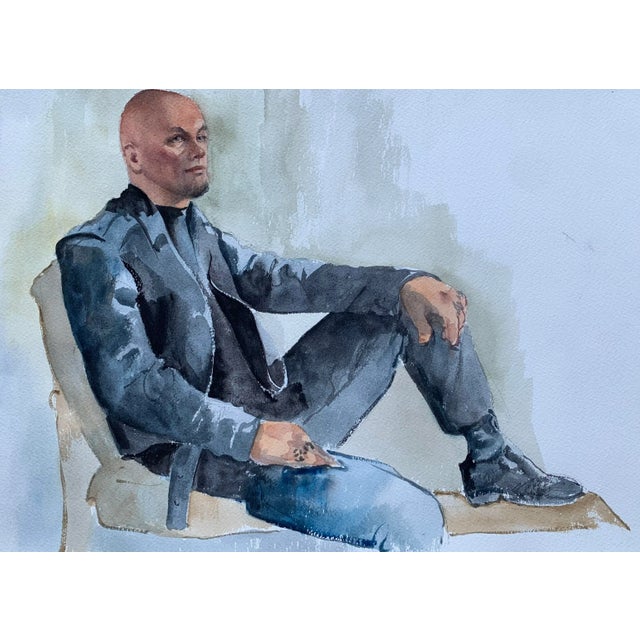 Impressionist 1980s Original Watercolor of Reclining Man in Leather For Sale - Image 3 of 6
