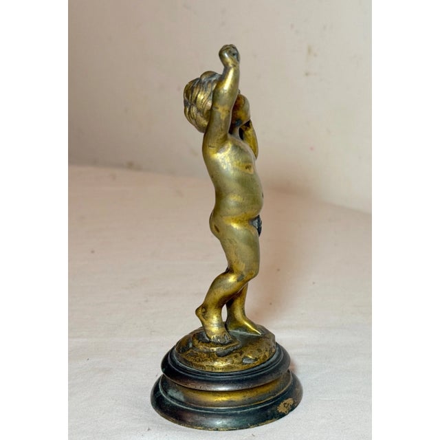 19th Century Antique Patinated Gilt Bronze Baby Boy Cupid Yawning Sculpture Statue Figure For Sale - Image 5 of 16