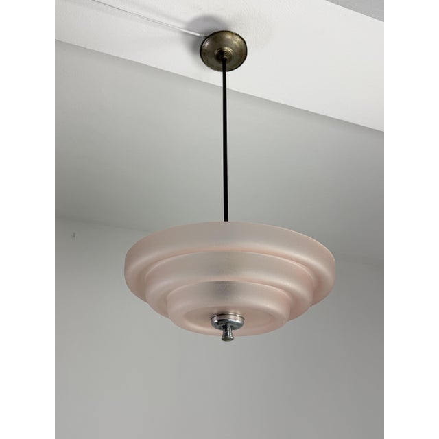 Metal Art Deco 2-Light Pendant in Pink Glass and Chromed Metal, 1940s For Sale - Image 7 of 12