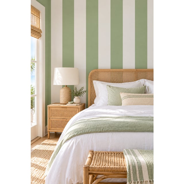 Modern Clubhouse Stripe Grasscloth Wallpaper by House Party | Trellis Green & White | 6 Yards For Sale - Image 3 of 10