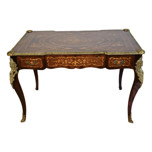 1900 Antique French Louis XV Walnut & Satinwood Inlay Writing Desk For Sale
