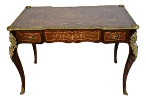 1900 Antique French Louis XV Walnut & Satinwood Inlay Writing Desk