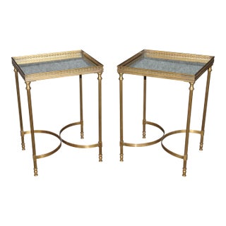 Pair 1960's Maison Jansen Style Mirrored Top & Brass End Tables For Sale