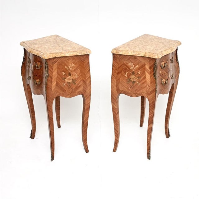 Antique French Inlaid Marble Top Bedside Chests, 1900s, Set of 2 For Sale - Image 4 of 11