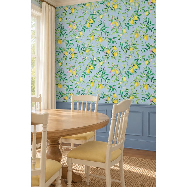 Limoncello Floral & Lemon Grasscloth Wallpaper by House Party | Mediterranean Blue | 8 Yards For Sale In Charlotte - Image 6 of 9