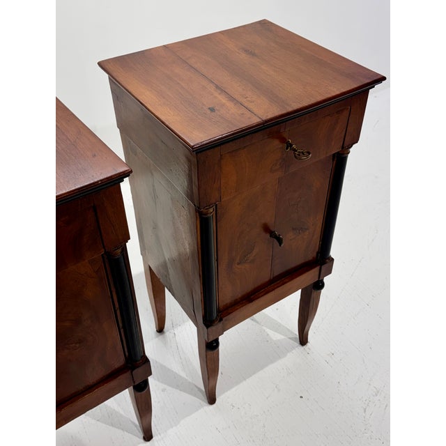 Pair of Early 19th Century Italian Empire Walnut Commodini With Ebonized Columns For Sale - Image 9 of 13
