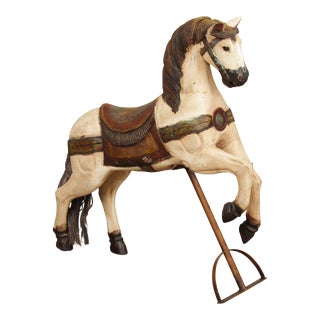 Vintage Carved Wooden Prancing Carousel Horse on Metal Stand For Sale