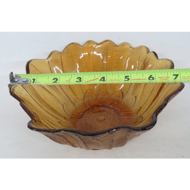 Indiana Glass Co Amber Carnival Glass Sunflower Bowl Scalloped Petal Rim 5017b For Sale - Image 9 of 11