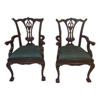 Pair of Vintage Chippendale-Style Carved Mahogany Armchairs With Green Upholstery For Sale