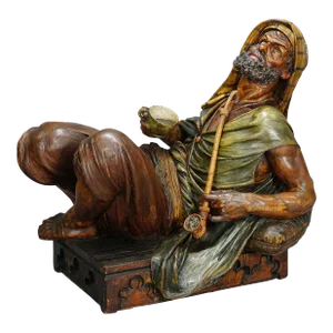 Wooden Carved Sculpture of a Coffee Drinking Arab, Vienna Ca. 1900