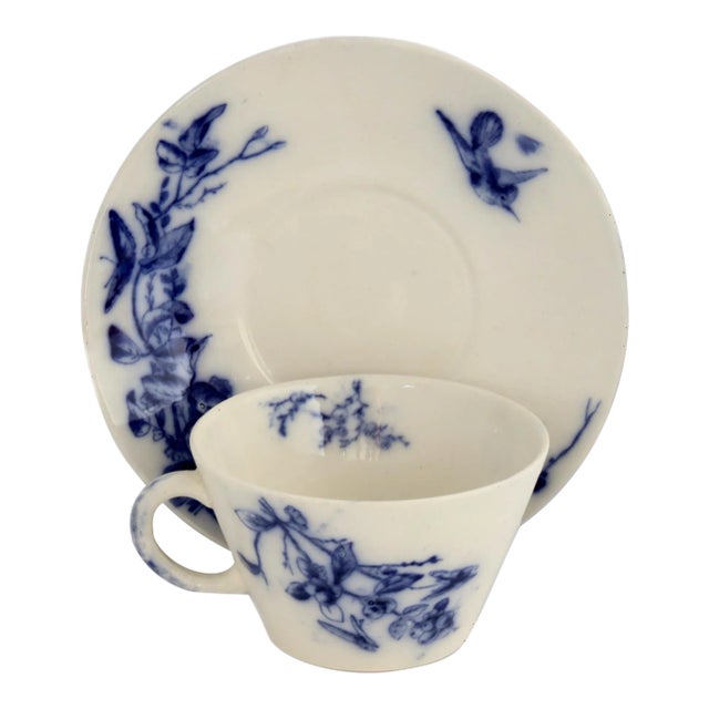 Late 19th Century Flow Blue "Bluebird" Cup & Saucer Set- 2 Pieces For Sale