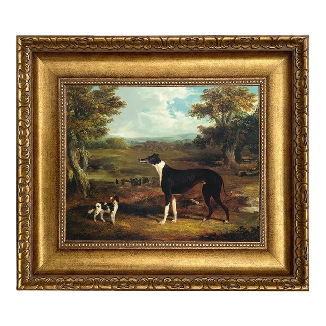 Greyhound and King Charles Spaniel Print on Canvas in Wide Antiqued Gold Frame- 11x14 Framed to 17" X 20" For Sale