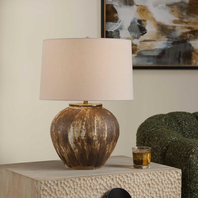 This Ceramic Lamp Exudes Rustic Charm With Its White Base, Artfully Adorned With A Textured Pattern Of Dark And Light...