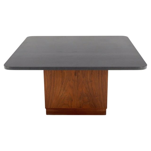 Cube Shape Oiled Walnut Pedestal Base Square Slate Too Coffee Center Table For Sale - Image 4 of 11
