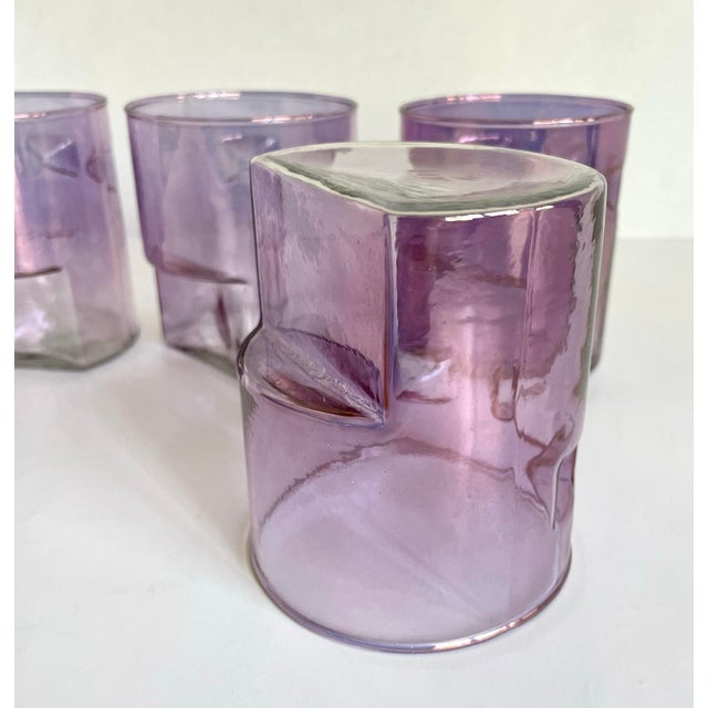 Set of 4 Postmodern Amethyst Glass Tumblers With Stepped Geometric Profile For Sale - Image 4 of 8