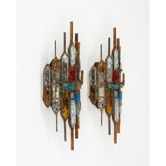 Metal Mid-Century Sconces in Iron and Hammered Glass attributed to Longobard, Italy, 1970s, Set of 2 For Sale - Image 7 of 15
