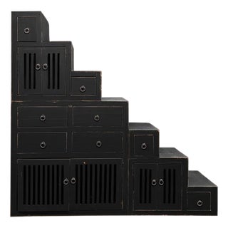 Distressed Black Triangle Step Tansu Storage Cabinet Display Room Divider For Sale