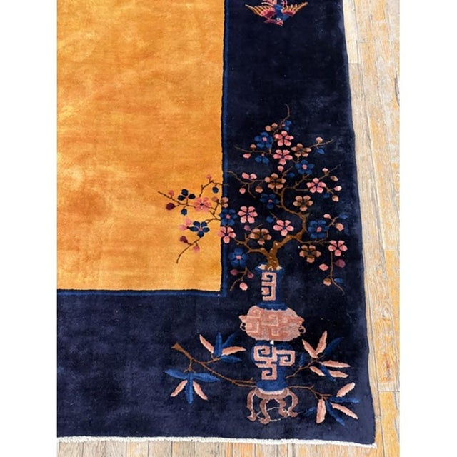 Art Deco 1920s Gold Field Vase Spray Flowers Shou Symbols Antique Chinese Art Deco Rug For Sale - Image 3 of 9