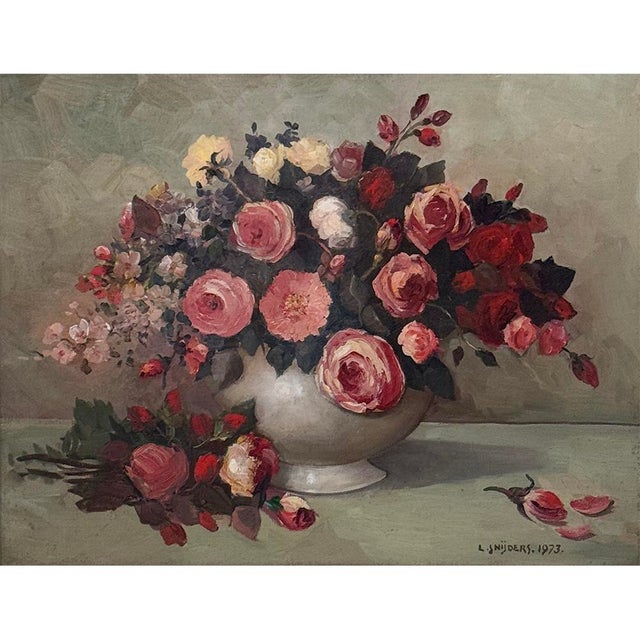 Dutch Still Life of Garden Roses in an Ironstone Tureen by L. Snijders, dated 1973, presents a lush floral arrangement...